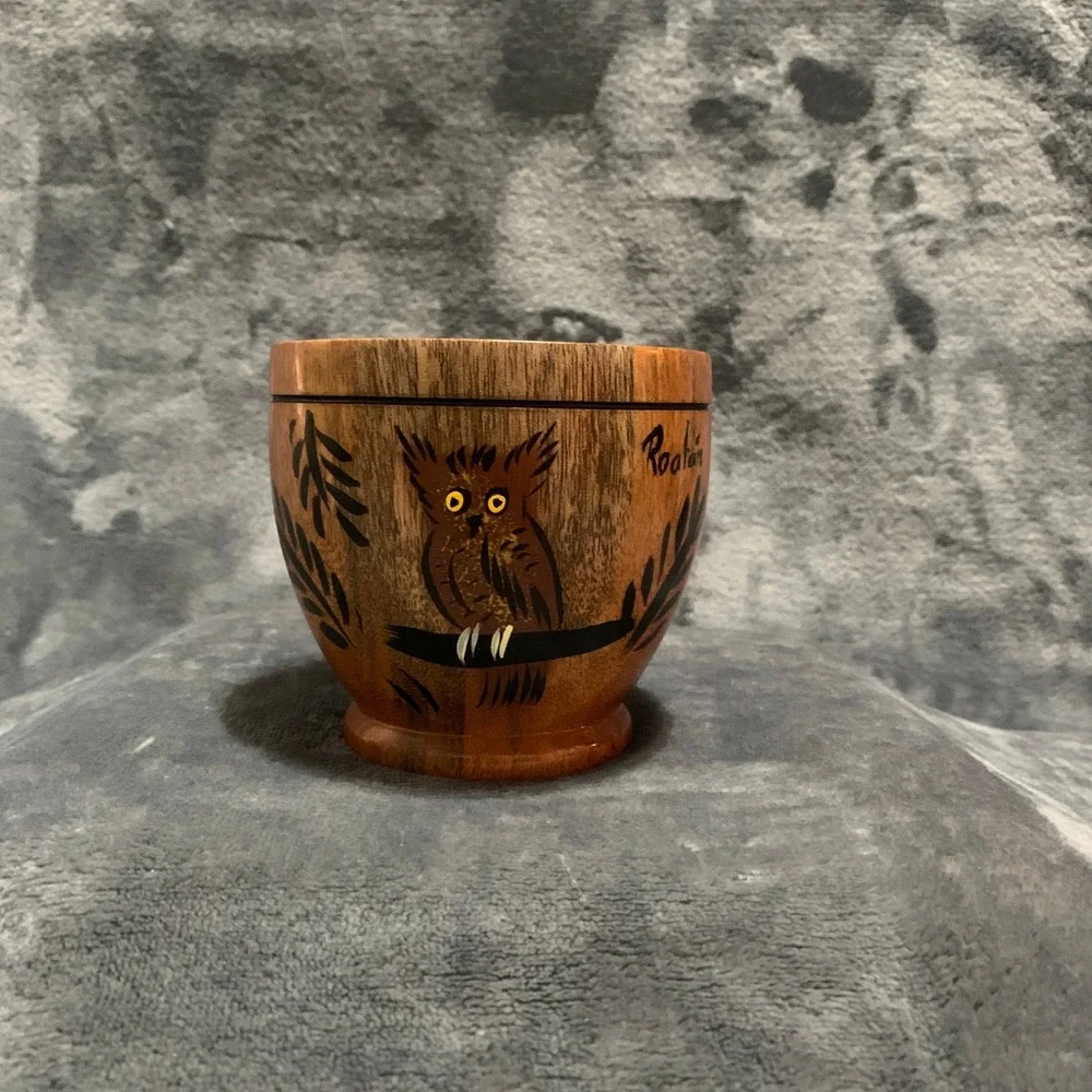 Roatan Decorative Bowl Hand Painted Crazy Owl Brown Wood Folk Art EUC
